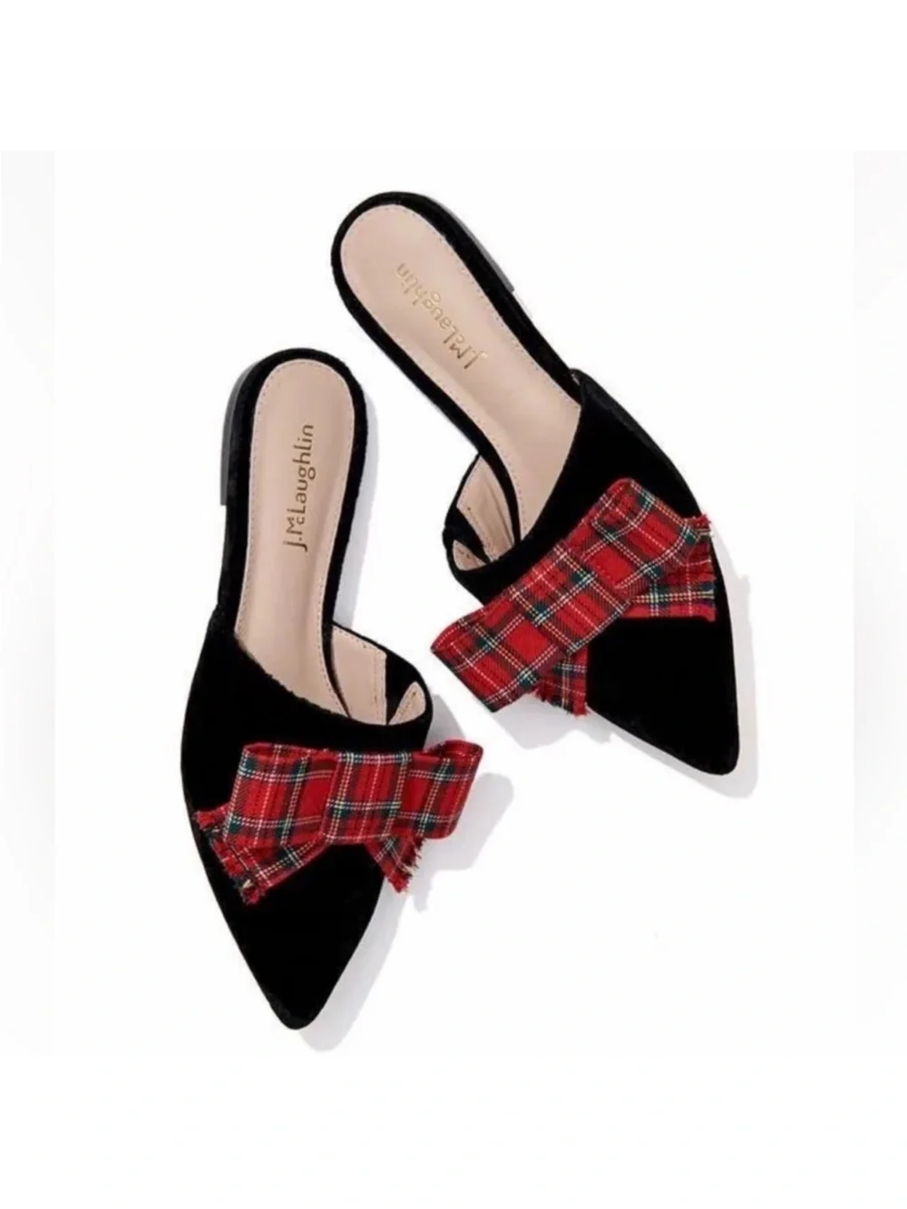 J Mclaughlin Lyon Flats Tartan Red Bow Pointed Toe Black Velvet Slide On Loafers